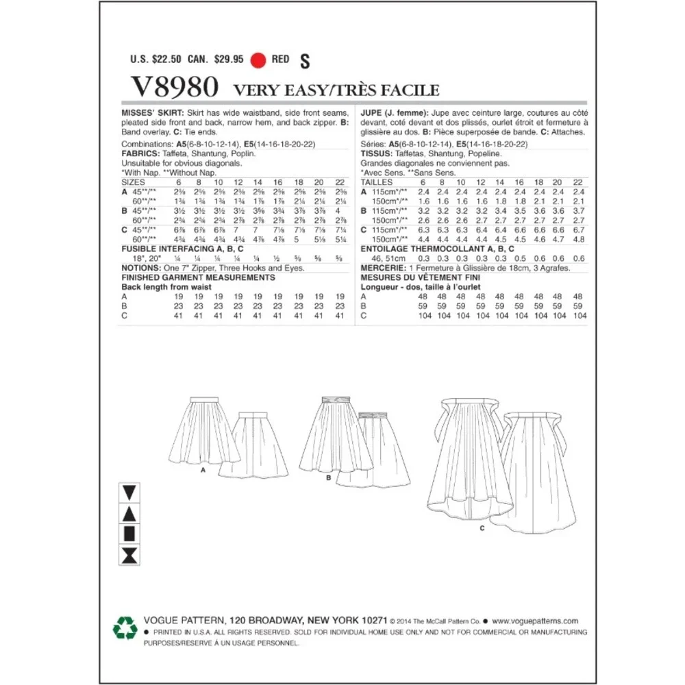 Vogue V8980 Sewing Pattern Misses‎ Skirt Size 14-22 Pleated Maxi Knee Length